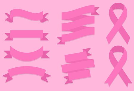 Flat pink ribbons, badges. Breast Cancer Awareness. eps10, mock up, templateのイラスト素材