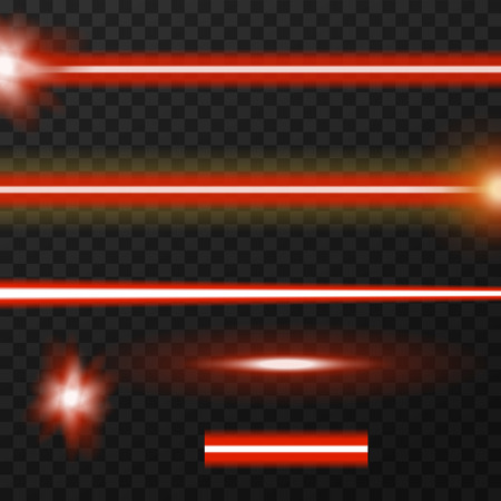 Red laser beams, three variatons of rays. Flares and part of ray. Vector, eps10.のイラスト素材