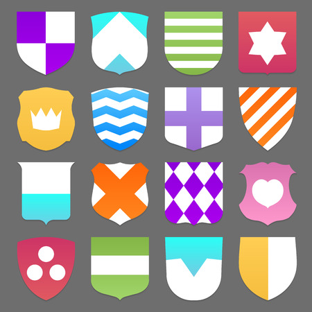 Collection of colorful, bright, shiny emblems. Coats of arms. Set of sixteen different shields.のイラスト素材