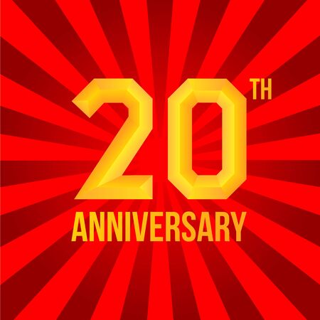20th anniversary poster. Golden embossed and flat font at red rays background. Isolated, vector, eps 10.のイラスト素材