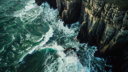 Cliff above ocean with waves crashing below, stunning natural landscape viewの素材