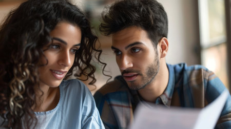a man and a woman are looking at a piece of paper togetherの素材