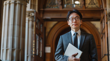 A whitecollar worker in formal wear holding a paper in a building hallwayの素材