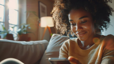 a woman is sitting on a couch looking at her cell phoneの素材