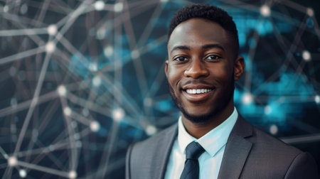 Man in electric blue suit smiles, adjusting his tie with a confident gestureの素材