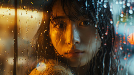 a woman is looking out of a window with rain drops on itの素材