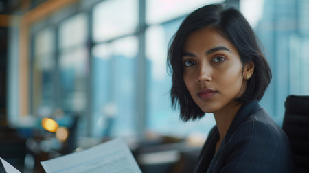 a woman in a suit is sitting at a desk holding a piece of paperの素材