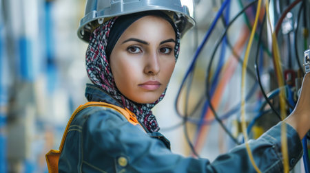 A woman in a hijab and hard hat working on a machineの素材