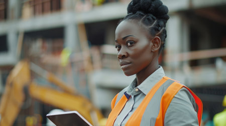 Woman on construction site using portable communications deviceの素材