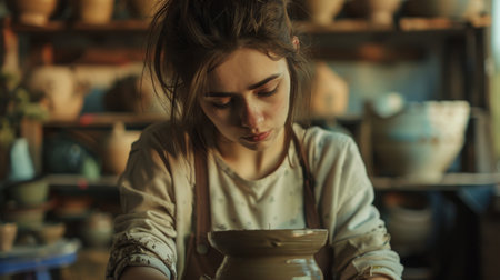 a woman is making a vase on a pottery wheelの素材
