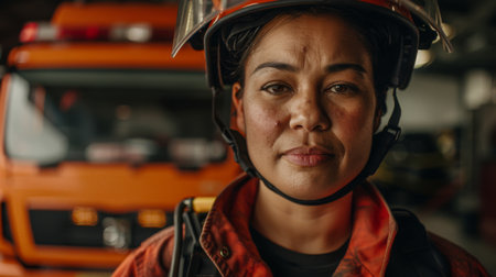 Happy woman in a helmet smiles in front of a fire truckの素材