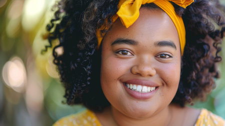 A woman with a Jheri curl and black hair is smiling, wearing a yellow headbandの素材