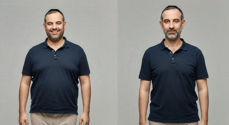 Weight loss journey transformation featuring mens before and after images for health and fitness motivationの素材