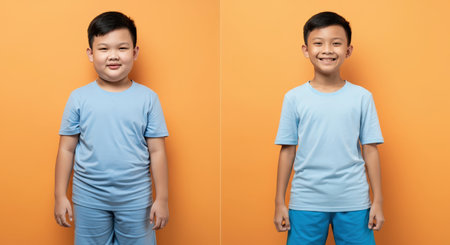 Portraits of two smiling young asian boys in blue t-shirts against orange background - ideal for print, poster, designの素材