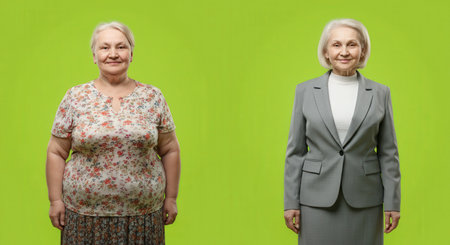 Transformation concept with elderly woman in casual and professional attire on green backgroundの素材