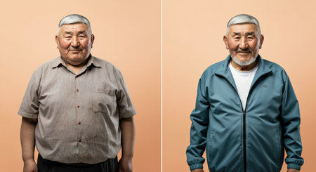 Portraits of mature men in casual attire against a neutral background for cultural diversity representationの素材