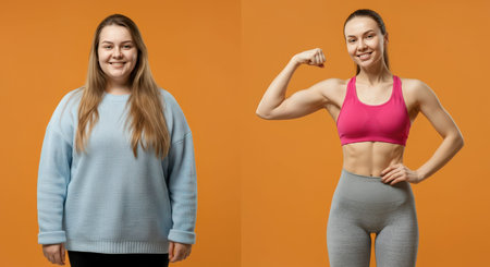 Transformation and fitness journey highlighting strength and confidence for wellness inspirationの素材