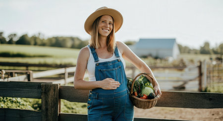 Pregnant caucasian female in overalls holding basket of fresh produce on farmの素材