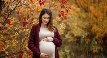 Pregnant caucasian young adult woman in autumn nature embracing fall colors for a maternity momentの素材
