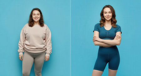 Transformation journey of hispanic young female in activewear on blue background for fitness motivationの素材