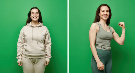 Transformation journey of caucasian woman from casual to fitness in front of green backgroundの素材