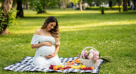 Pregnant hispanic woman enjoying a peaceful picnic in a park with fresh fruits and flowersの素材