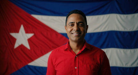 Portrait of a smiling man in front of cuban flag, celebrating national heritage and diversityの素材