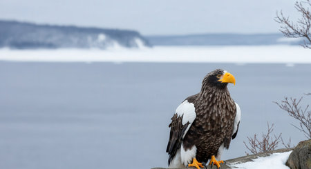 Majestic stellers sea eagle perched by arctic snowy coastal landscapeの素材