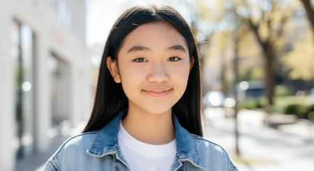 Outdoor portrait of a young asian female smiling in urban setting for lifestyle and diversity conceptの素材