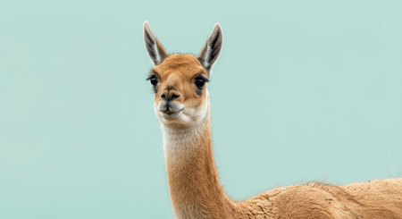 Elegant portrait of a guanaco against a light teal background for animal photographyの素材