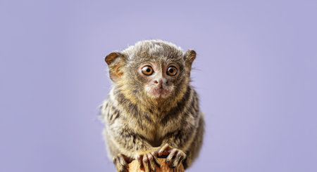 Curious pygmy marmoset in focus with lavender background for wildlife print designの素材