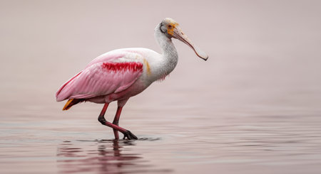 Roseate spoonbill wading in serene shallow water with soft pink plumageの素材