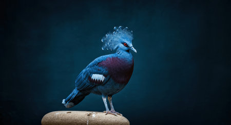 Striking portrait of a victoria crowned pigeon against a rich blue backgroundの素材