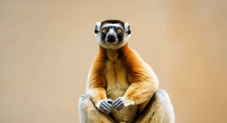 Stunning portrait of a crowned lemur in neutral habitat settingの素材