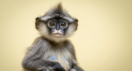 Close-up of curious dusky leaf monkey against soft yellow backgroundの素材