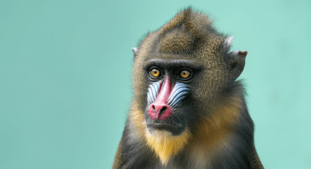 Portrait of a colorful mandrill with striking facial markings against a mint green backgroundの素材