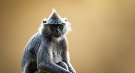 Langur monkey against warm golden backdrop capturing calm and natural habitat sceneの素材
