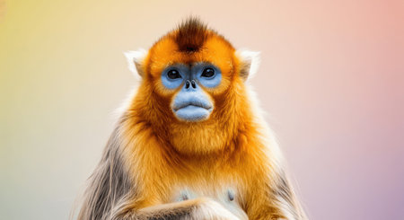 Golden snub-nosed monkey portrait against gradient background for wildlife conservation awarenessの素材