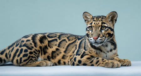 Majestic clouded leopard resting on white surface against soft blue backgroundの素材