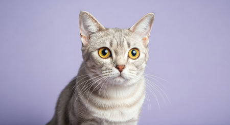 Captivating portrait of alert grey tabby cat with striking yellow eyes on pastel purple backgroundの素材
