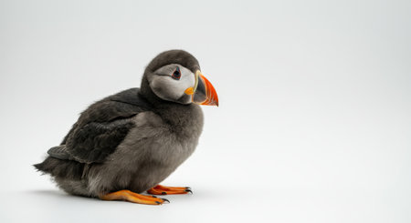 Adorable atlantic puffin chick on minimalist white backgroundの素材