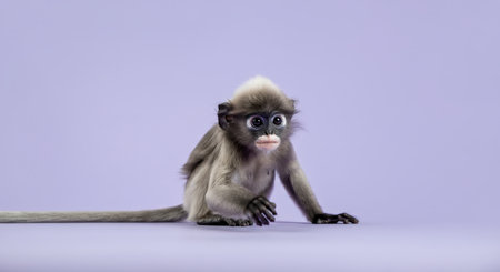 Curious young langur on soft purple background for wildlife and nature themesの素材