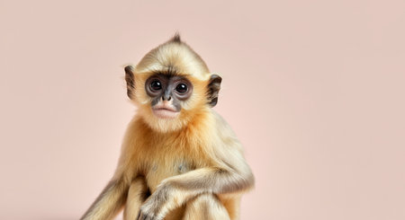 Adorable young langur with curious expression on soft pink backgroundの素材