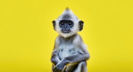 Playful infant langur monkey against a vibrant yellow backgroundの素材