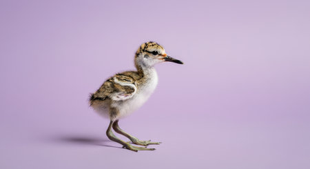 Adorable young bird on soft lilac background for nature and wildlife designの素材
