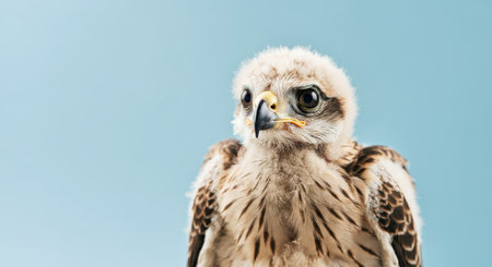 Close-up of a young hawk with soft feathers against a blue backgroundの素材