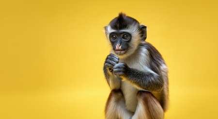 Young monkey with yellow background eating leaf for wildlife conservation designの素材