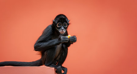 Playful monkey with fruit against vibrant orange background highlighting wildlife charmの素材