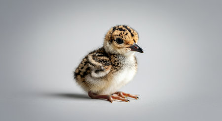Adorable fluffy baby chick with patterned plumage on neutral backgroundの素材