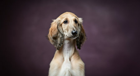 Elegant afghan hound against rich purple backdrop for pet portraitsの素材